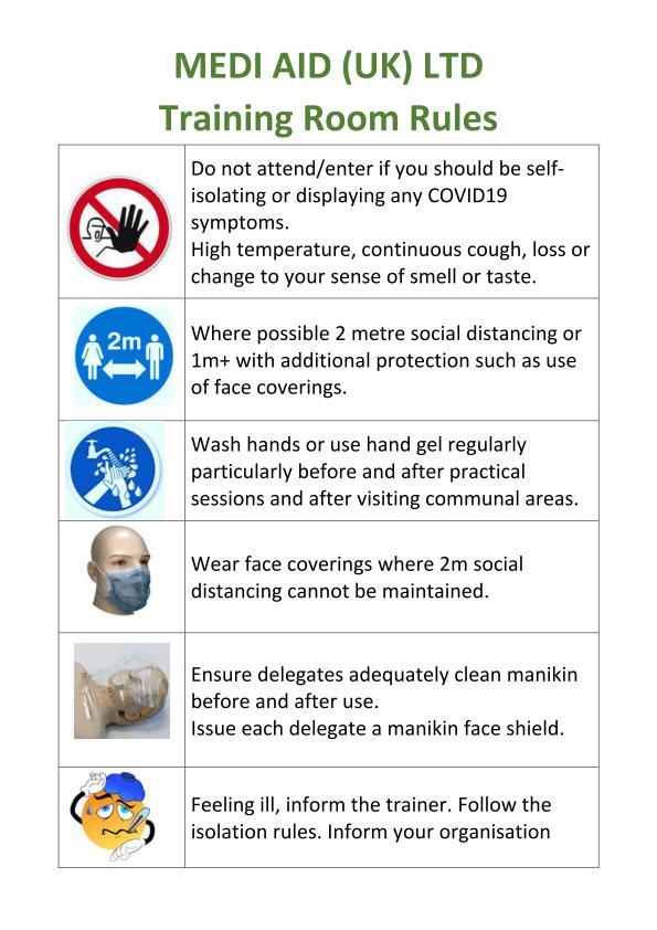 TRAINING ROOM RULES MEDI AID UK POSTER Covid 19 training room rules
